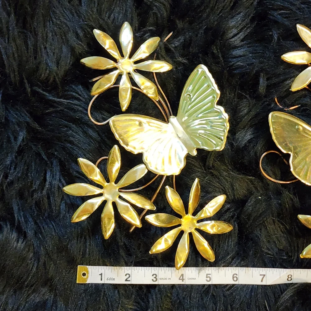 Set of 2 Vintage Brass Colored Metal Butterfly and Flower Wall Decor
